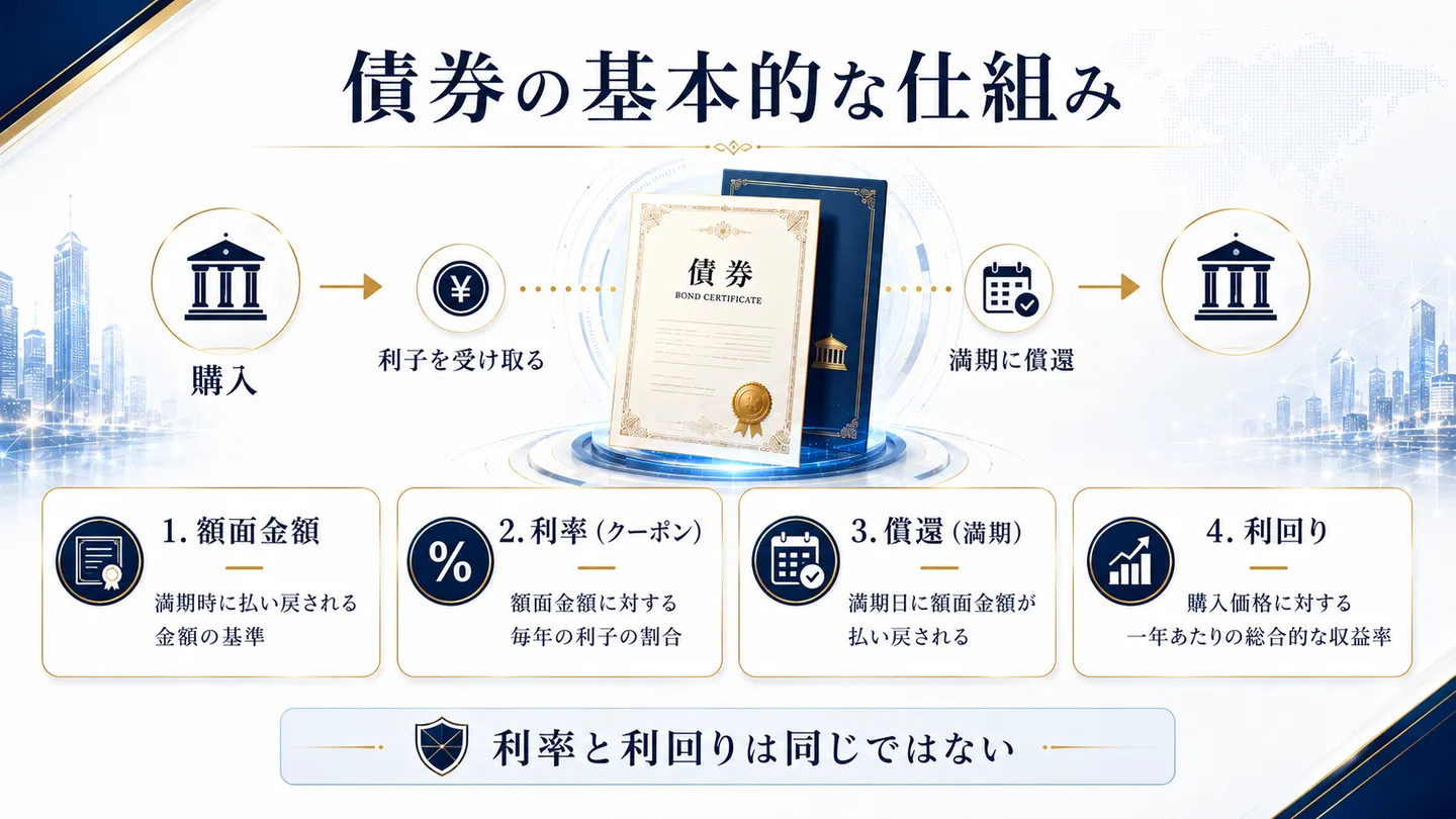 債券の基本的な仕組み（購入→利子の受け取り→満期の償還）と、額面金額・利率（クーポン）・償還・利回りの用語を整理した図