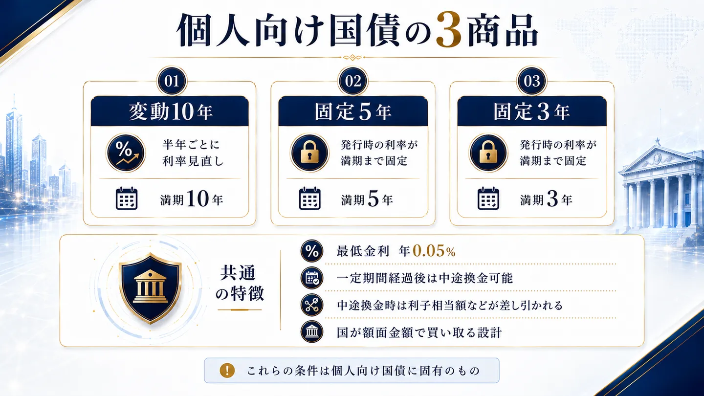 個人向け国債の3商品（変動10年・固定5年・固定3年）と、中途換金の扱いや国による額面での買い取りといった共通の特徴を整理した図