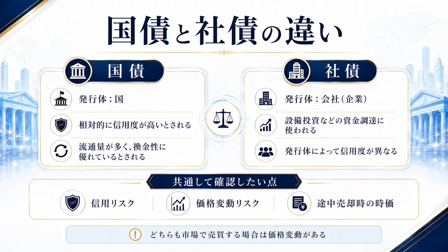 国債と社債の違いを発行体・信用度・資金調達の用途などの観点で並べ、市場で売買する場合は価格変動がある点を示した図