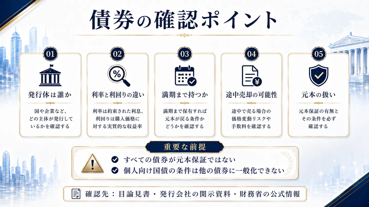 債券を確認する際の主なポイント（発行体・利率と利回りの違い・満期まで持つか・途中売却・元本の扱い）を整理した図