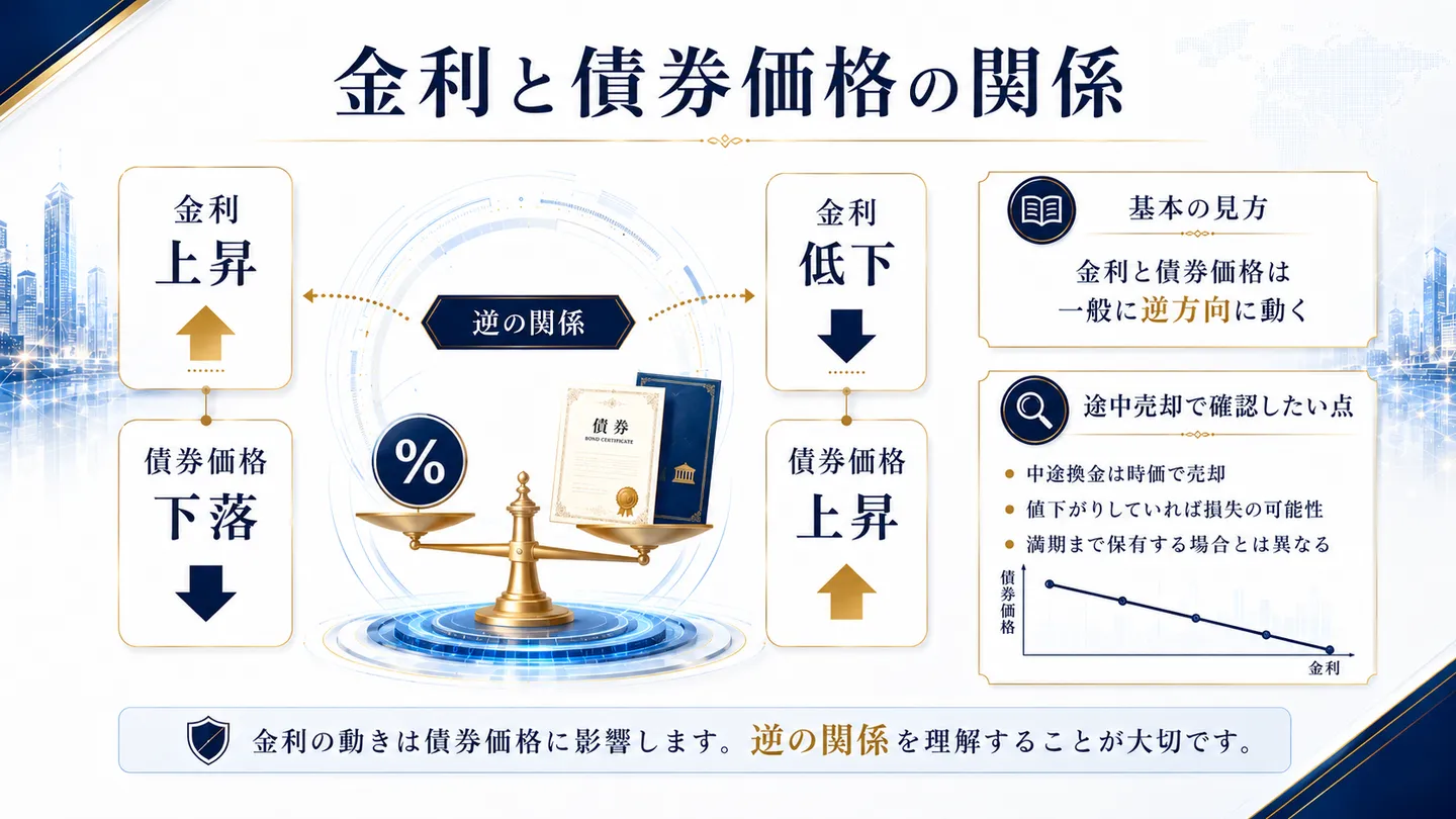 金利と債券価格の関係を示した図。金利が上昇すると債券価格は下落し、金利が低下すると上昇するという逆方向の関係と、途中売却時の留意点を整理している