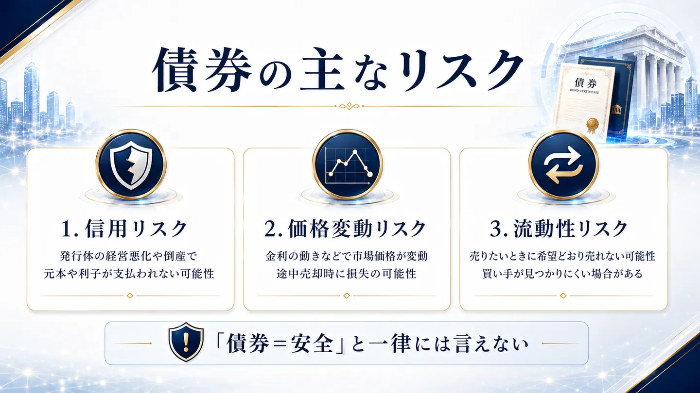 債券の主なリスク（信用リスク・価格変動リスク・流動性リスク）と、債券＝安全と一律には言えない点を示した図