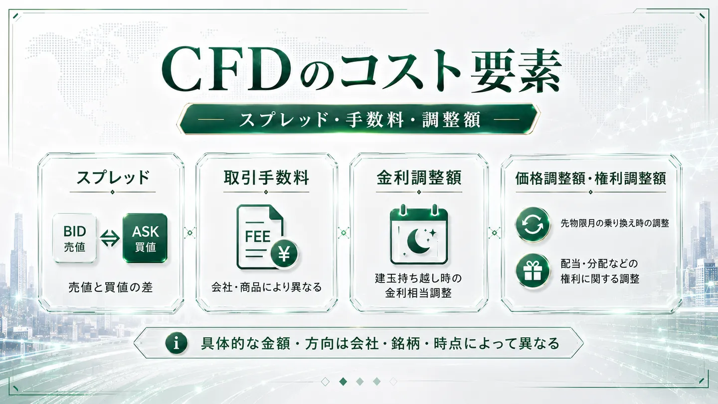 CFDのコスト要素（スプレッド・取引手数料・調整額）を示した図