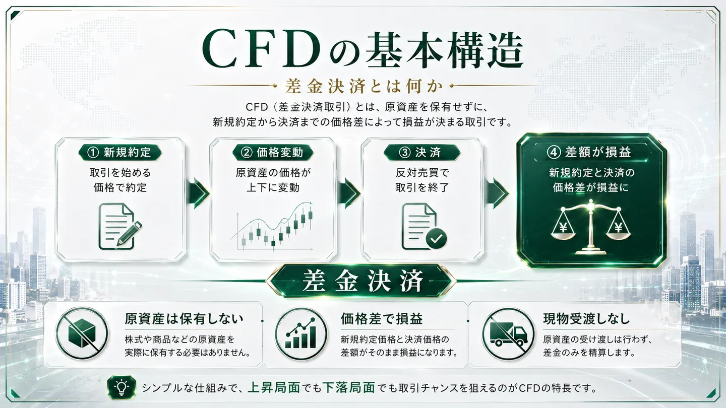 CFD（差金決済取引）の基本構造を、新規約定・価格変動・決済・差額決済の流れで示した図
