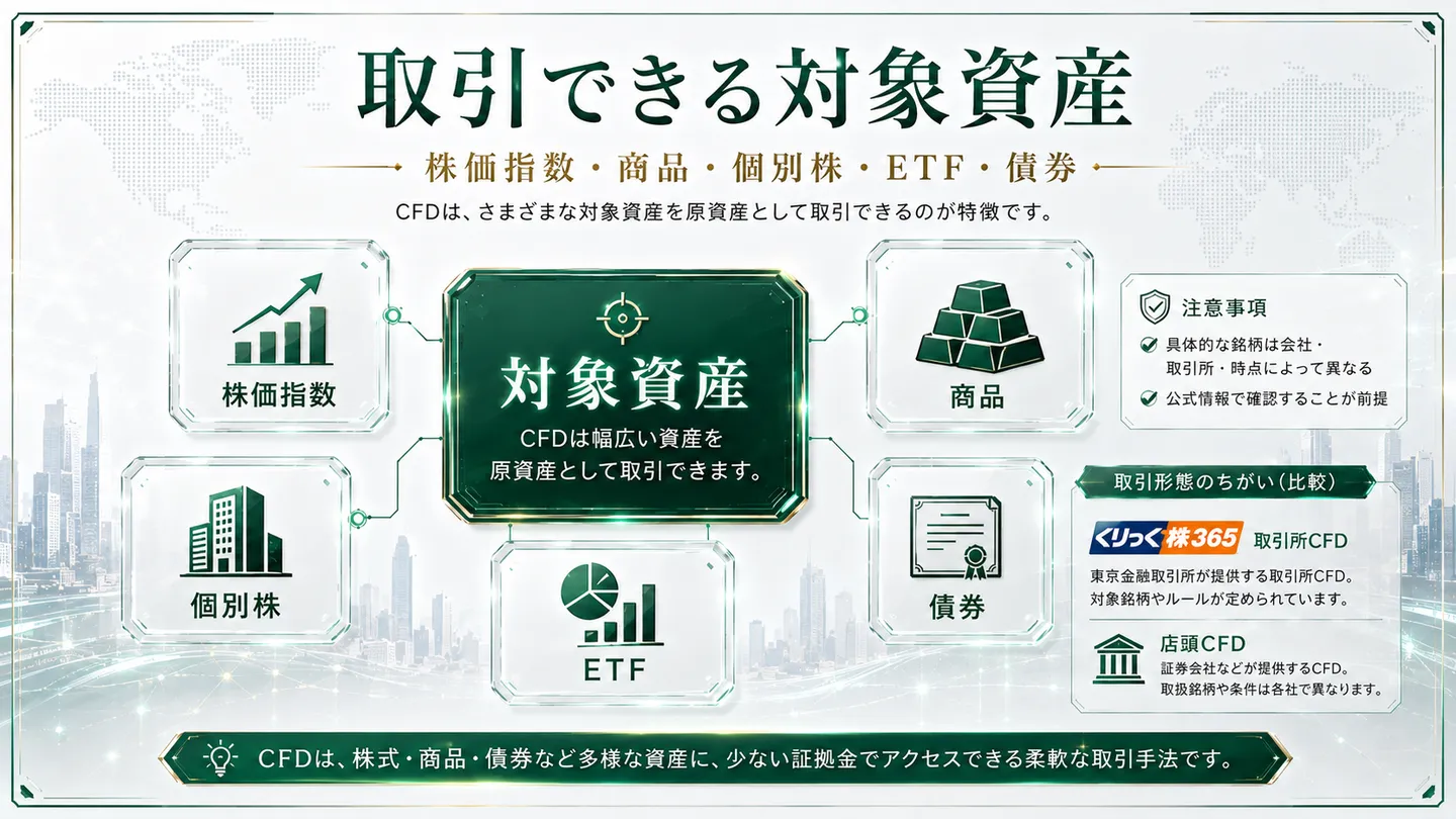 CFDの対象資産（株価指数・商品・個別株・ETF・債券）と取引形態の違いを示した図