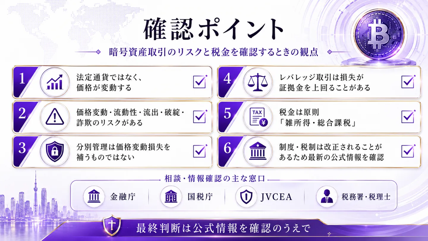暗号資産取引のリスクと税金を確認するときのポイントを整理した図
