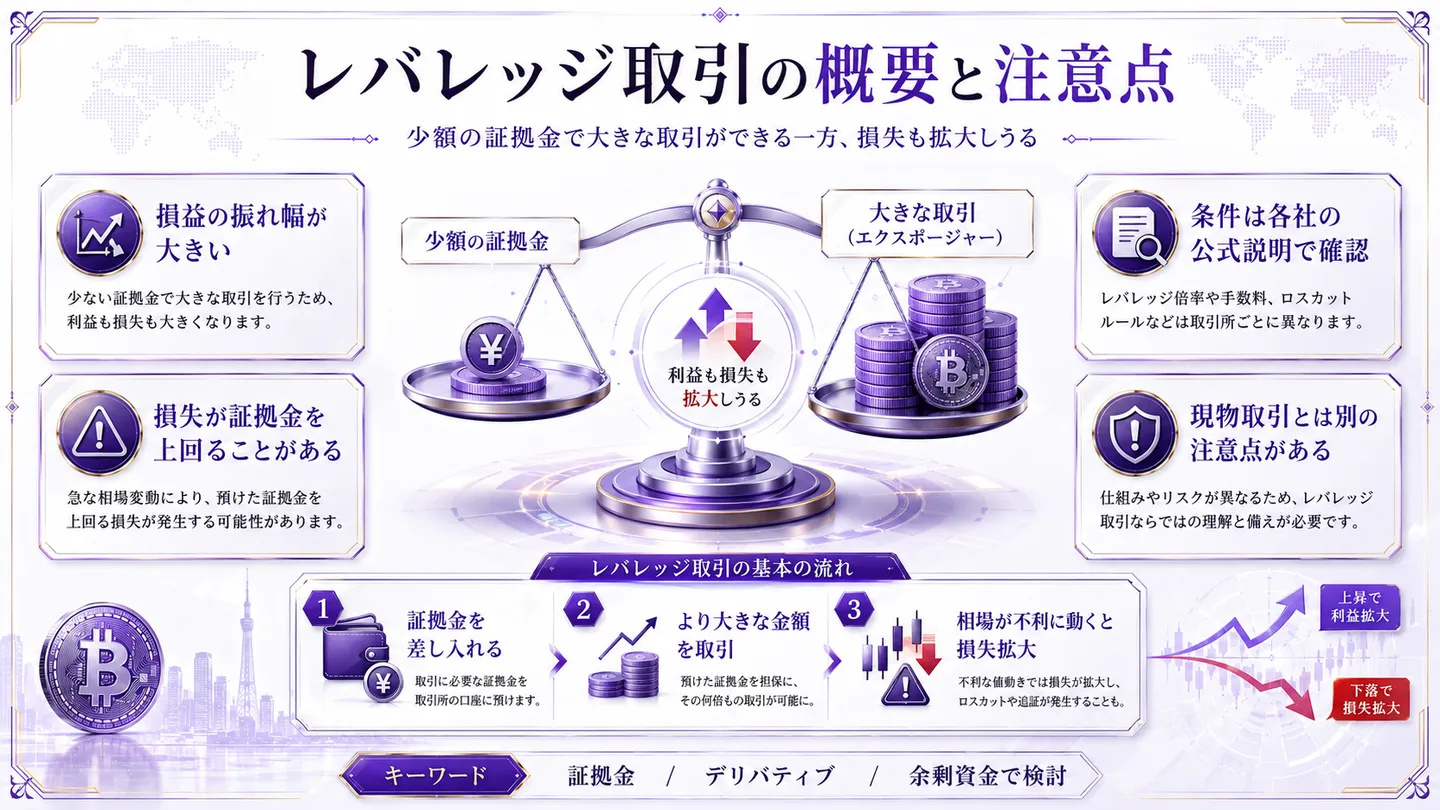 レバレッジ取引（証拠金取引）の概要と注意点を整理した図