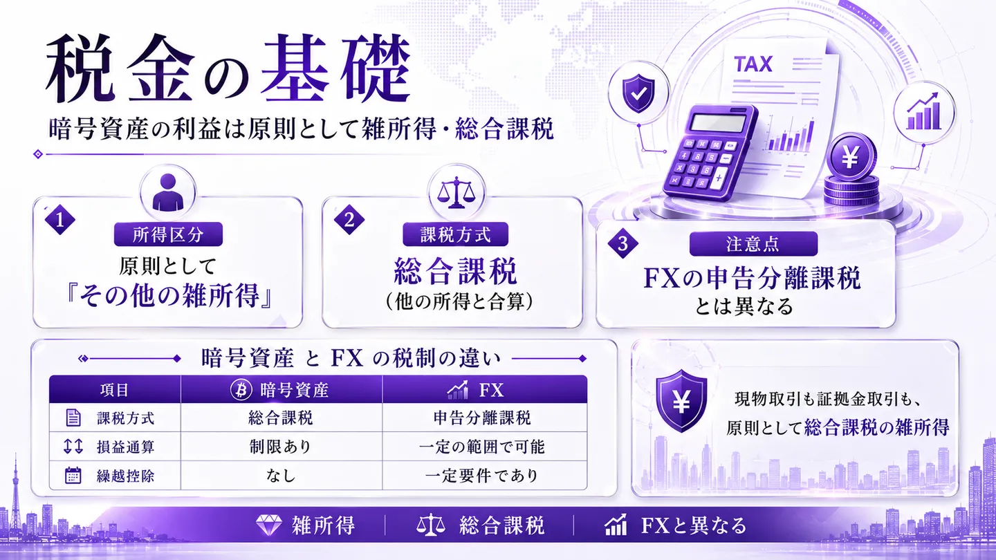 暗号資産の税金の基礎（雑所得・総合課税）とFXとの税制の違いを整理した図