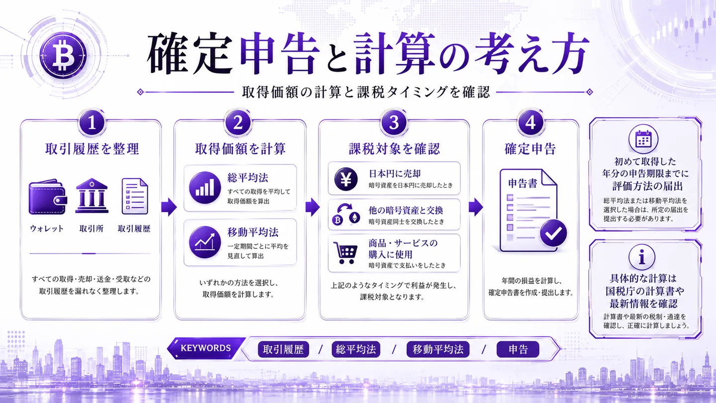 暗号資産の確定申告と取得価額の計算（総平均法・移動平均法）の流れを整理した図