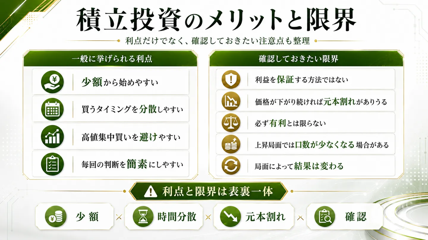 積立投資の一般に挙げられる利点と、確認しておきたい限界を左右に並べて整理した図。利益保証ではない・元本割れがありうる等の注記を含む