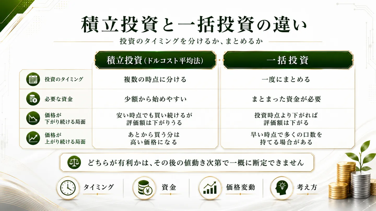 積立投資と一括投資を、投資のタイミング・必要な資金・価格が下がり続ける局面・上がり続ける局面の観点で比較した表形式の図
