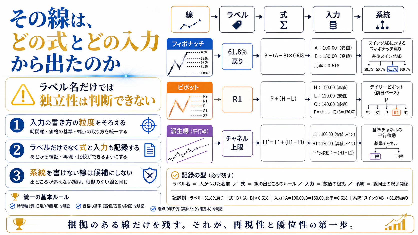線のラベル・式・入力・系統をたどって根拠を記録する図