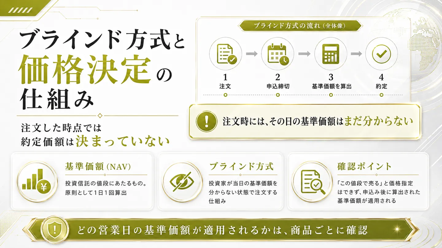 ブラインド方式による価格決定の仕組みと、注文から約定までの流れを示した図
