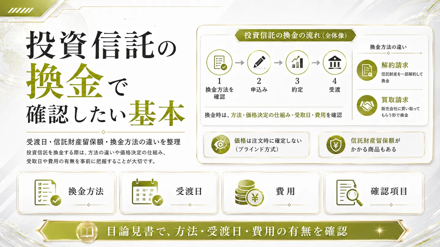 投資信託の換金で確認したい基本（換金の流れ・換金方法の違い・受渡日・信託財産留保額）を整理した図