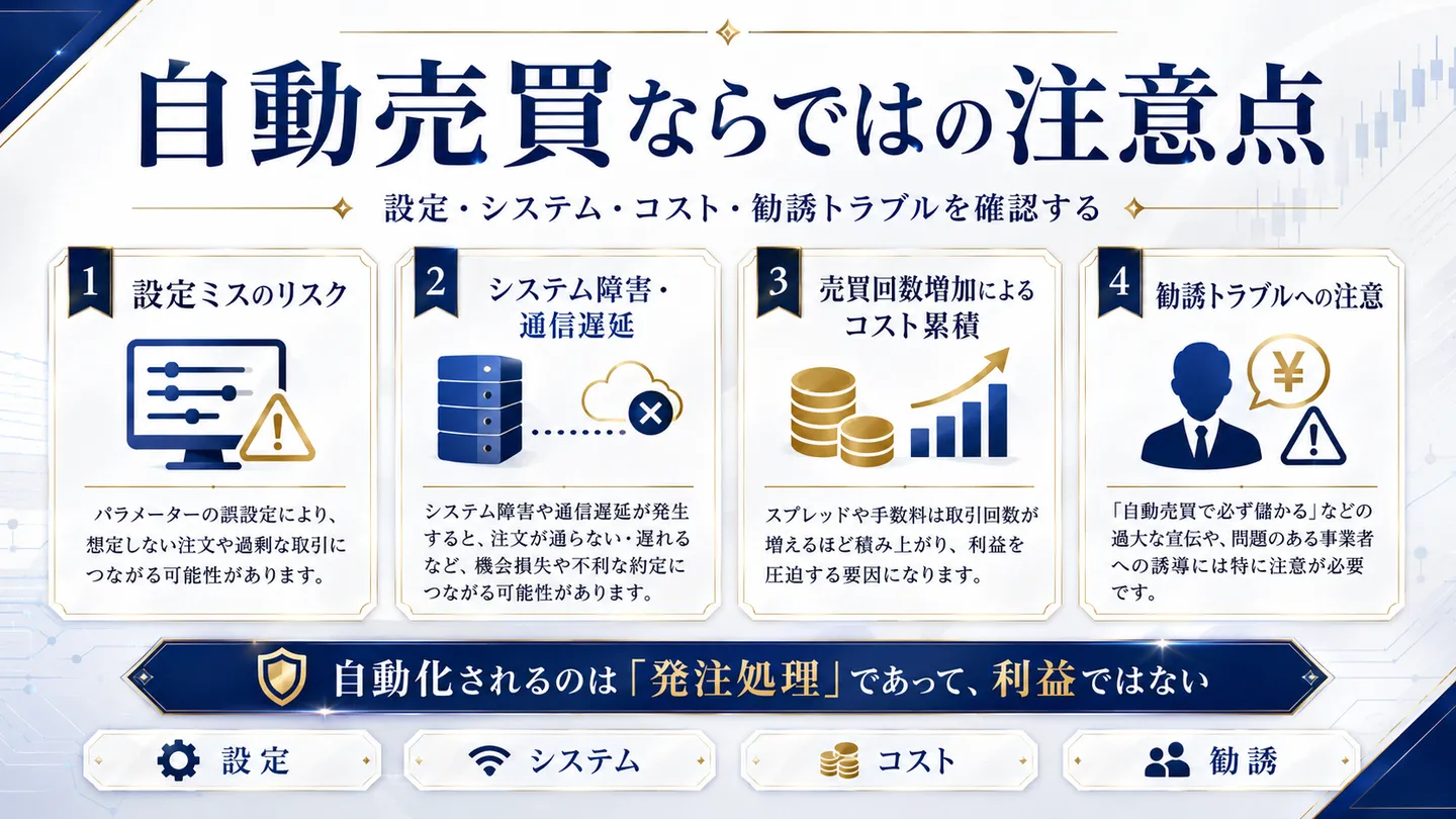 自動売買ならではの注意点（設定ミス、システム障害・通信遅延、コスト累積、勧誘トラブル）を整理した図
