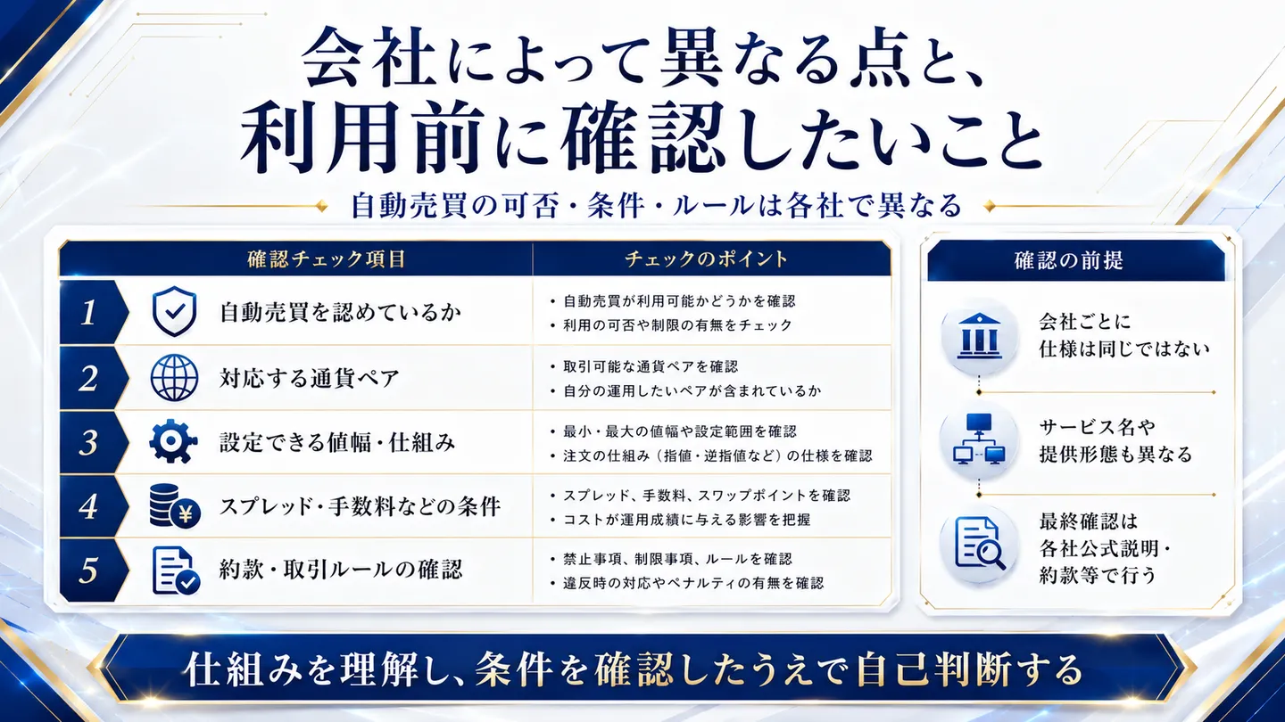 会社によって異なる確認チェック項目（自動売買の可否、対応通貨ペア、設定値幅、スプレッド・手数料、約款）と確認の前提を整理した図