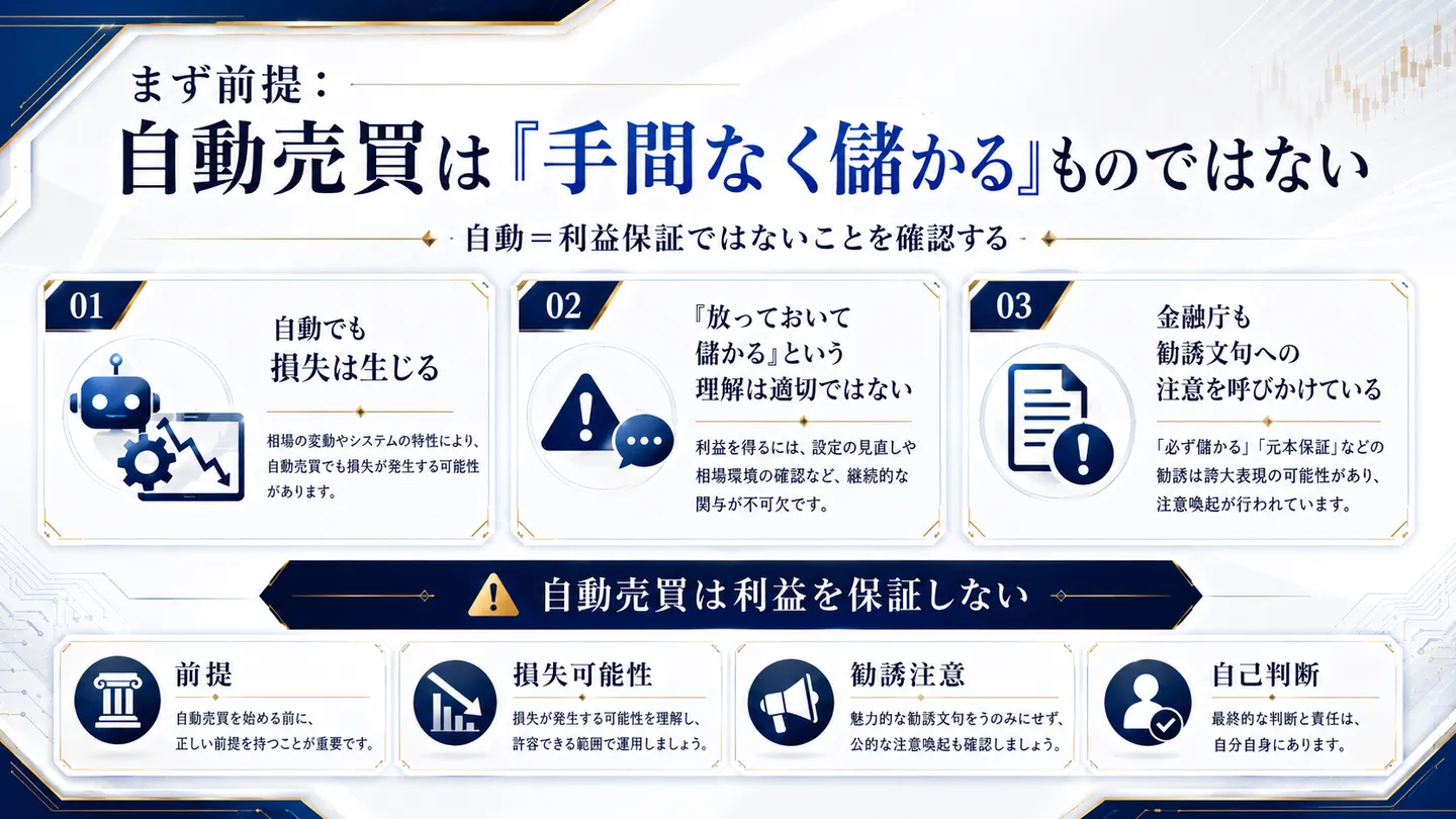 自動売買は利益を保証するものではないという前提を、損失の発生や勧誘文句への注意などの観点で整理した図