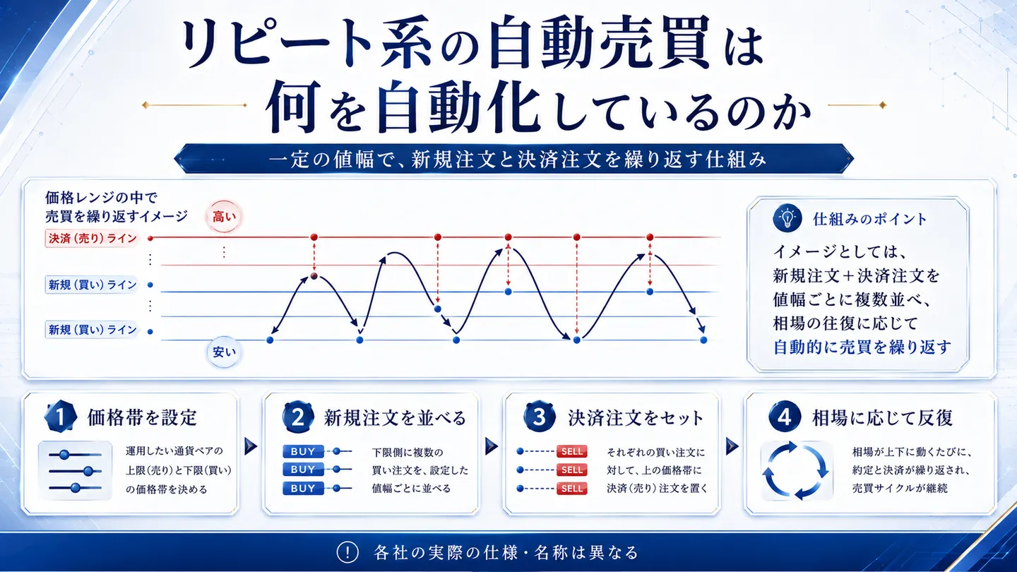 リピート系の自動売買が、価格帯設定・新規注文・決済注文・反復という流れで売買を繰り返す仕組みを示した図