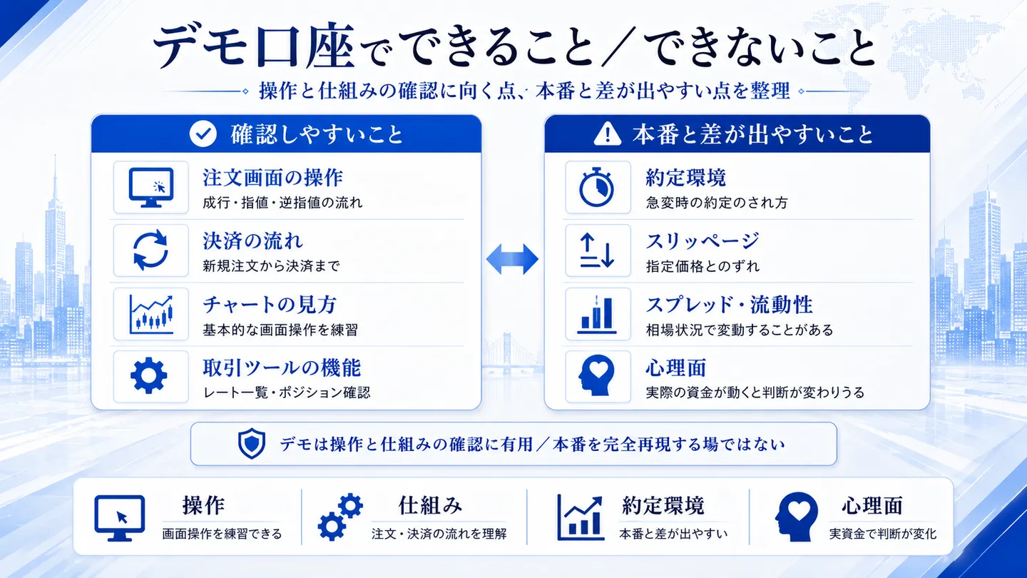 デモ口座で確認しやすいことと本番と差が出やすいことを対比した図