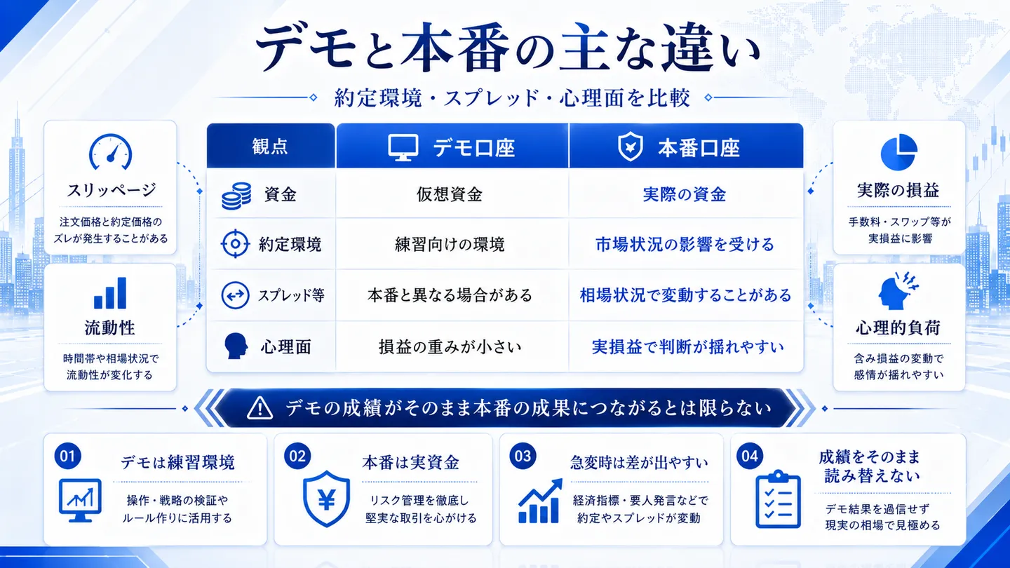 デモ口座と本番口座の資金・約定環境・スプレッド・心理面の違いを比較した表の図