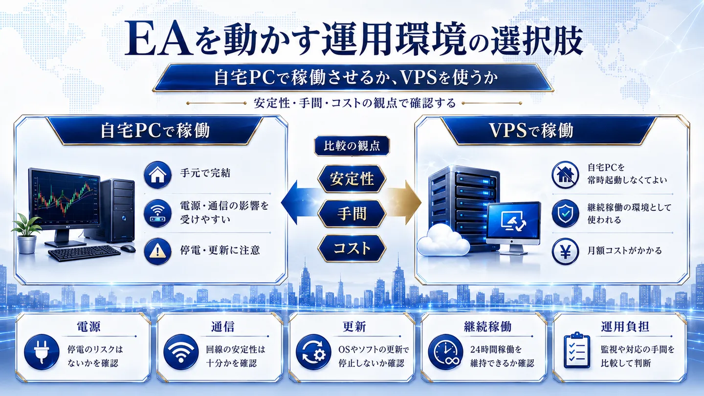 EAを動かす運用環境の選択肢として、自宅PCで稼働させる場合とVPSで稼働させる場合を、安定性・手間・コストの観点で比較整理した図