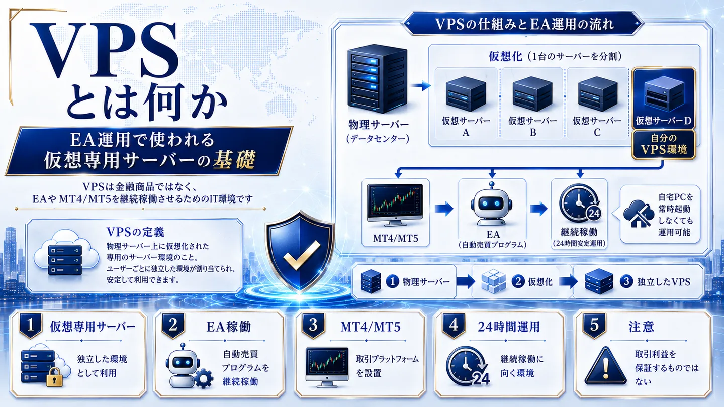 VPSとは何かを示す図。物理サーバーを仮想化して複数の独立した仮想サーバーに分割する仕組みと、EA・MT4/MT5を継続稼働させるIT環境として使われる流れを整理し、金融商品ではない点を示す