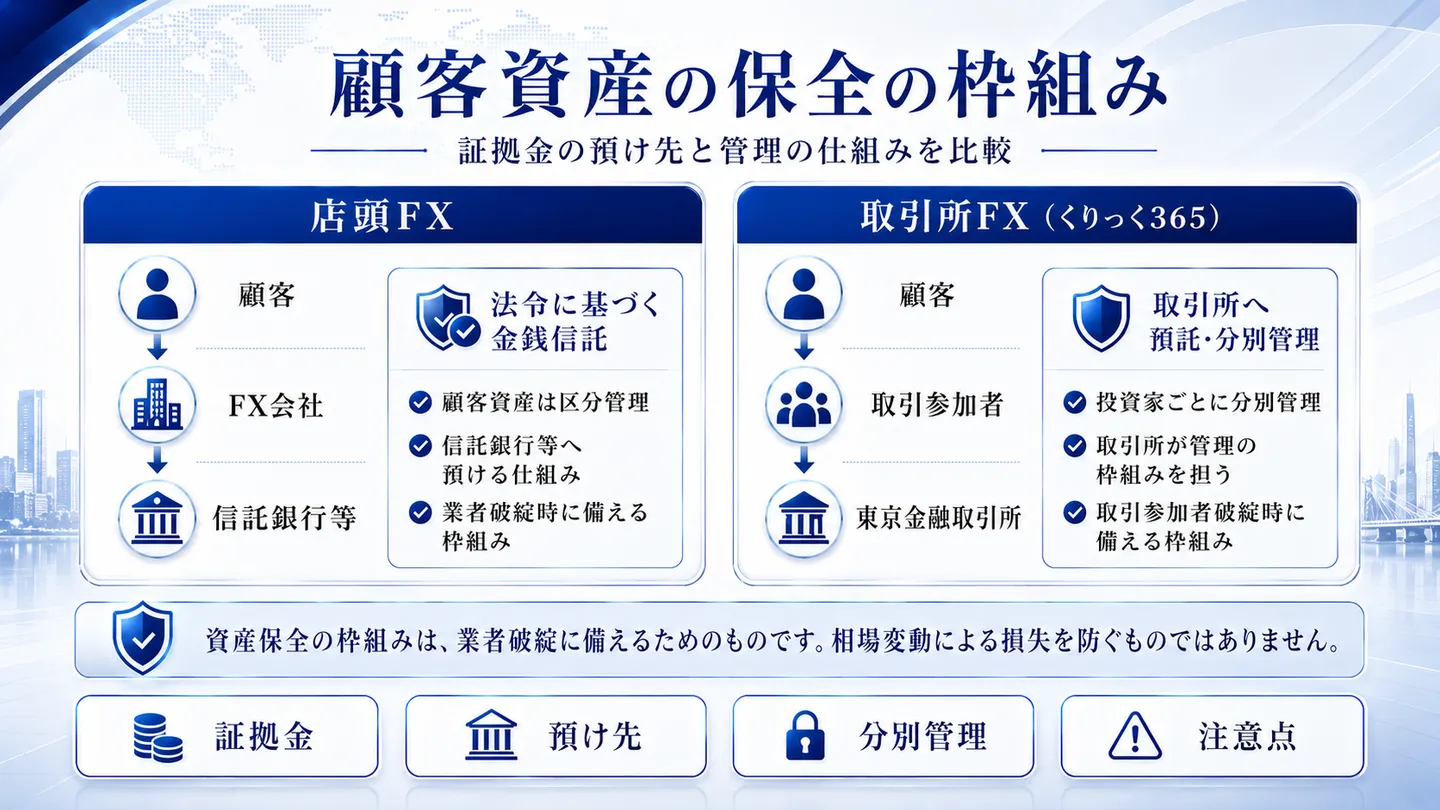 店頭FXと取引所FX（くりっく365）の証拠金保全の枠組みを比較した図。店頭FXは信託銀行等への金銭信託（区分管理）、取引所FXは取引所への預託・分別管理で、いずれも業者破綻に備える枠組みであり相場変動による損失を防ぐものではない点を示す