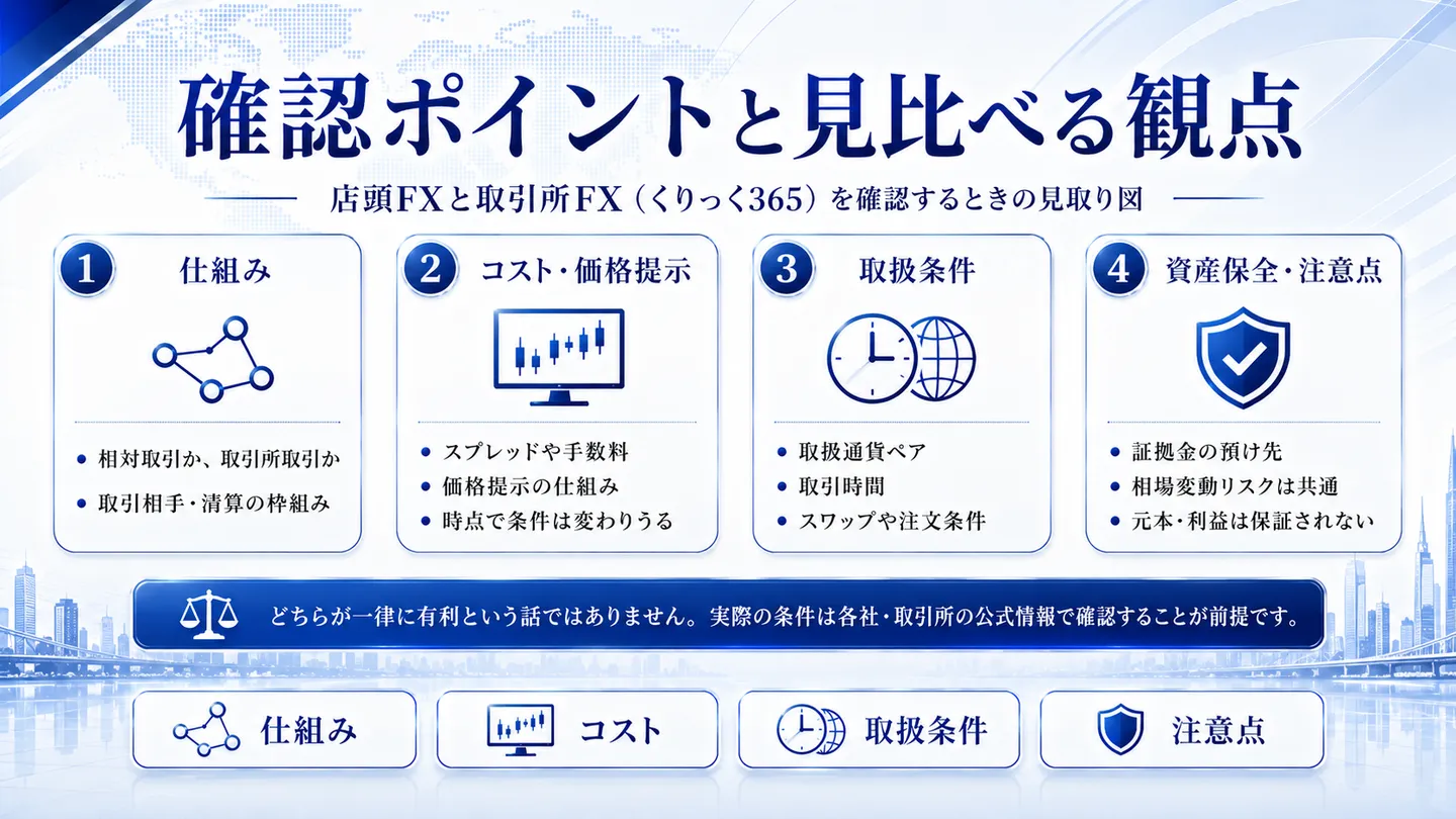 店頭FXと取引所FX（くりっく365）を確認するときの見取り図。仕組み・コストや価格提示・取扱条件・資産保全や注意点の4観点を整理し、どちらが一律に有利という話ではなく実際の条件は各社・取引所の公式情報で確認することが前提である旨を示す
