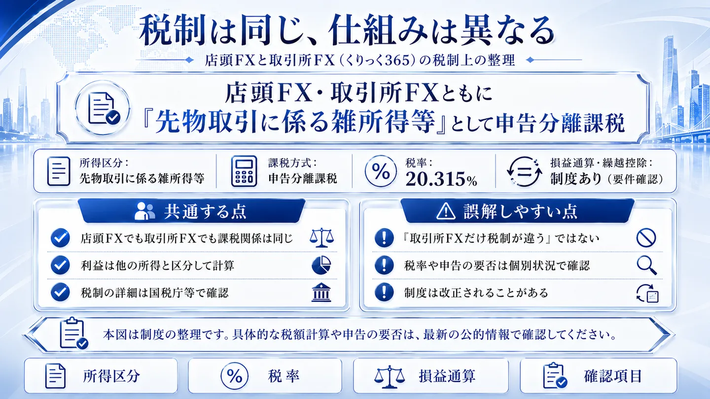 店頭FXと取引所FX（くりっく365）の税制を整理した図。いずれも「先物取引に係る雑所得等」として申告分離課税の対象である点を示す（税率などの具体数値は最新の公的情報で確認）