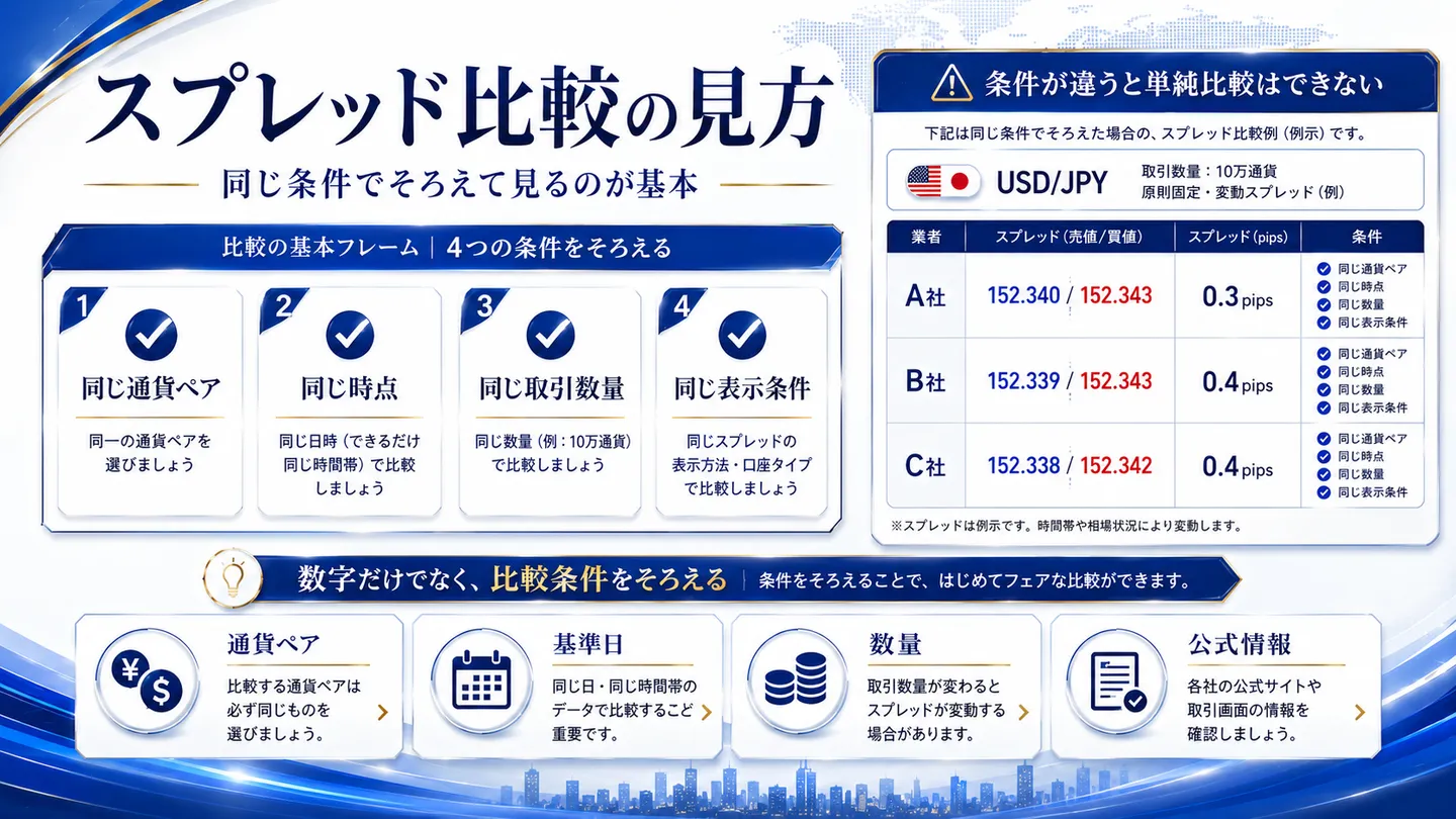 スプレッド比較の見方を整理した図。同じ通貨ペア・同じ時点・同じ取引数量・同じ表示条件をそろえる必要性を示し、条件をそろえた業者別スプレッド比較の例を表で並べている（数値は例示）