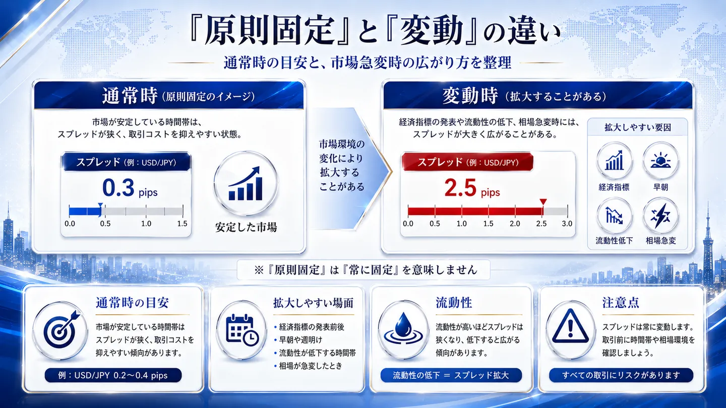 「原則固定」と「変動」の違いを対比した図。通常時はスプレッドが狭く保たれやすい一方、経済指標発表前後や早朝、流動性が低下しやすい時間帯、相場急変時には拡大しうることを示し、「原則固定」が「常に固定」を意味しない点に注意している（数値は例示）