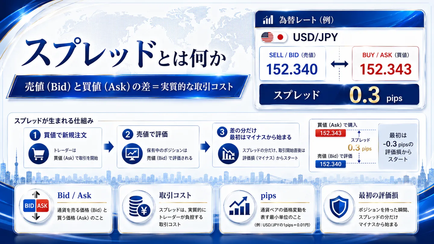 スプレッドの意味を示した図。売値（Bid）と買値（Ask）の差が実質的な取引コストにあたることを米ドル/円の為替レート例とともに示し、買値で新規注文し売値で評価されるため最初は差の分だけマイナスから始まる仕組みを段階的に整理している（数値は例示）