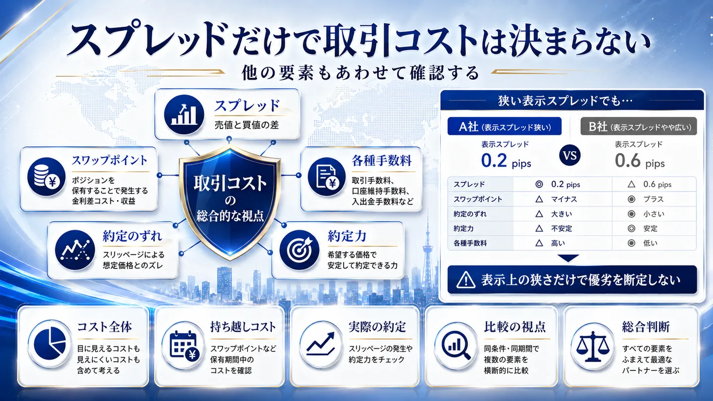 取引コストの全体像を示した図。スプレッドに加えスワップポイント・各種手数料・約定のずれ・約定力も取引コストに関わることを示し、表示スプレッドが狭い業者でも他の要素で劣る場合がある比較例を挙げ、表示上の狭さだけで優劣を断定しないと述べている