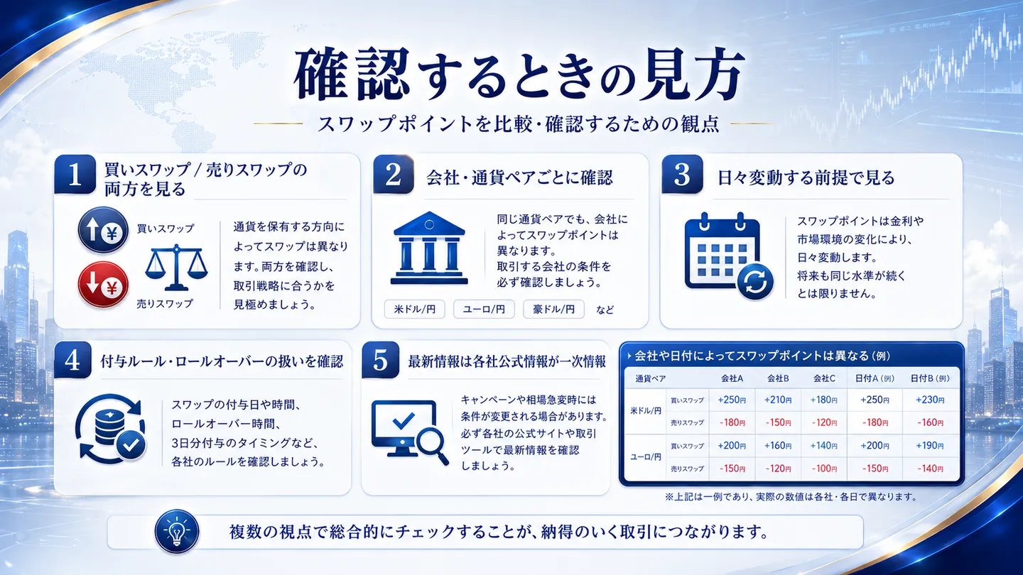 スワップポイントを確認・比較するための観点を、買い／売り両方を見る・会社や通貨ペアごとに確認・日々変動する前提・付与ルールやロールオーバー・各社公式が一次情報の5点に整理した図。通貨ペア別の数値例の表も添えている（数値は例示）