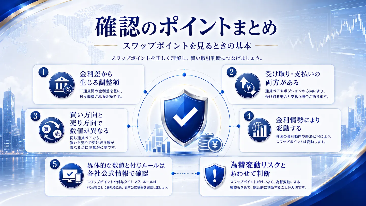 スワップポイントを見るときの基本を、金利差から生じる調整額・受け取りと支払いの両方がある・買いと売りで数値が異なる・金利情勢で変動・具体的な数値や付与ルールは各社公式で確認・為替変動リスクとあわせて判断の6点にまとめた図