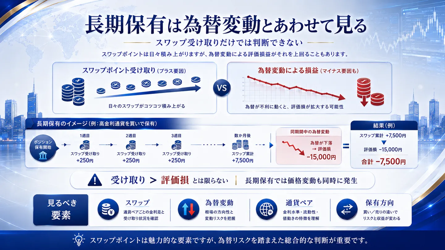 スワップポイントの受け取りと為替変動による損益を対比した図。長期保有では価格変動も同時に発生することを示し、スワップ累計の受け取りより評価損が大きく合計でマイナスになりうる例を挙げ、受け取りが評価損を上回るとは限らない点を示している（数値は例示）