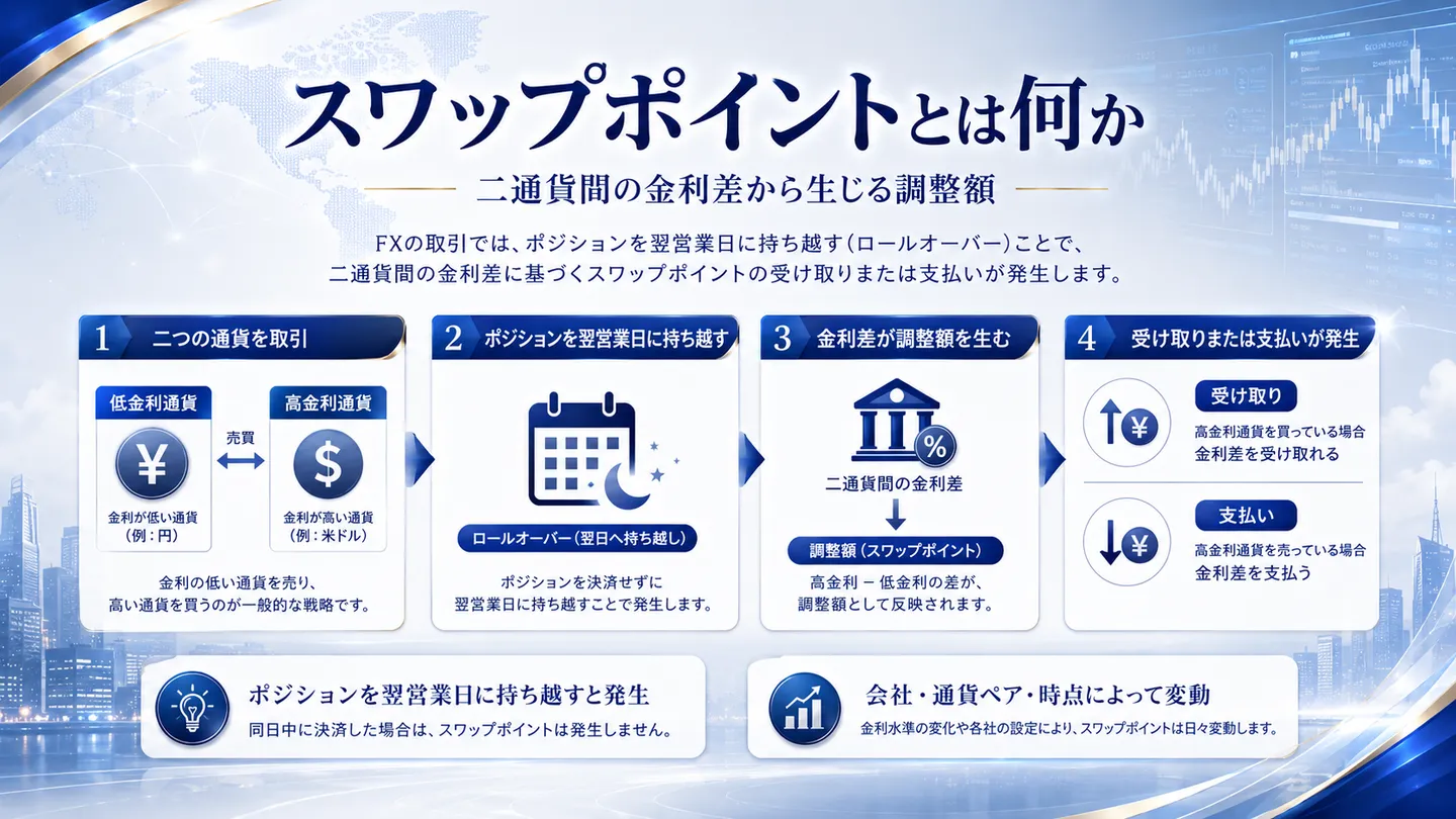 FXのスワップポイントが二通貨間の金利差から生じる調整額であることを、二つの通貨の取引・翌営業日への持ち越し（ロールオーバー）・金利差が調整額を生む・受け取りまたは支払いが発生、の4ステップで示したフロー図。会社・通貨ペア・時点で変動する旨も併記している