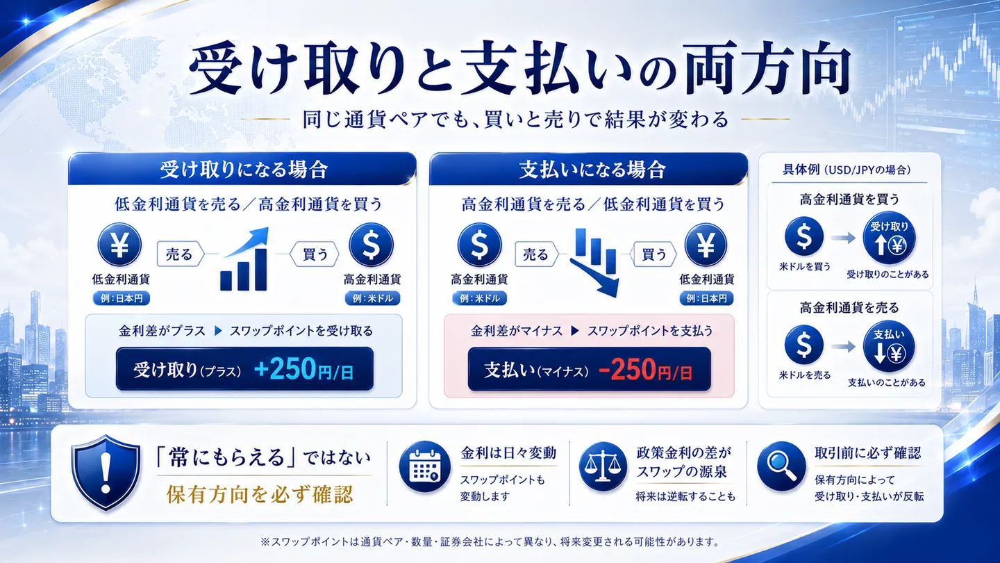 スワップポイントに受け取りと支払いの両方向があり、同じ通貨ペアでも買いと売りで結果が変わることを二つのケースで整理した図。受け取りと支払いの例を示し、保有方向を必ず確認する点に触れている（金額は例示）