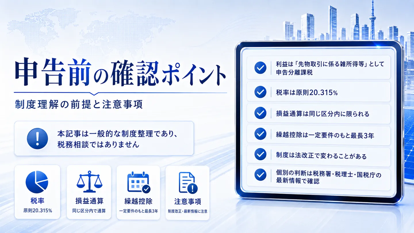 FXの税金の申告前の確認ポイントの整理図。申告分離課税・税率原則20.315%・損益通算の範囲・繰越控除（一定要件のもと最長3年）・制度改正の可能性・専門家への確認を示し、本記事は一般的な制度整理で税務相談ではない旨を示す図