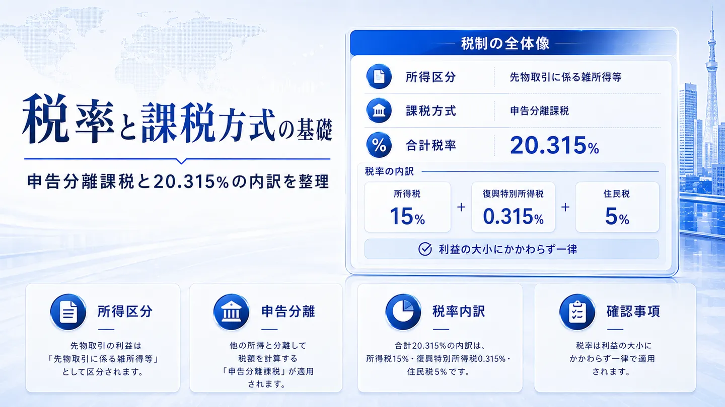 税率と課税方式の解説図。先物取引に係る雑所得等の申告分離課税で、所得税15%・復興特別所得税0.315%・住民税5%を合わせた合計20.315%であることを整理した図（数値は制度の説明）