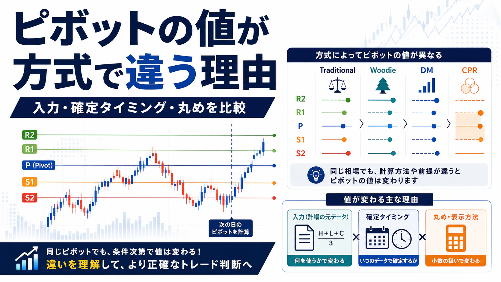 ピボットの値が入力・確定タイミング・丸めで変わる理由を示す記事の概要図