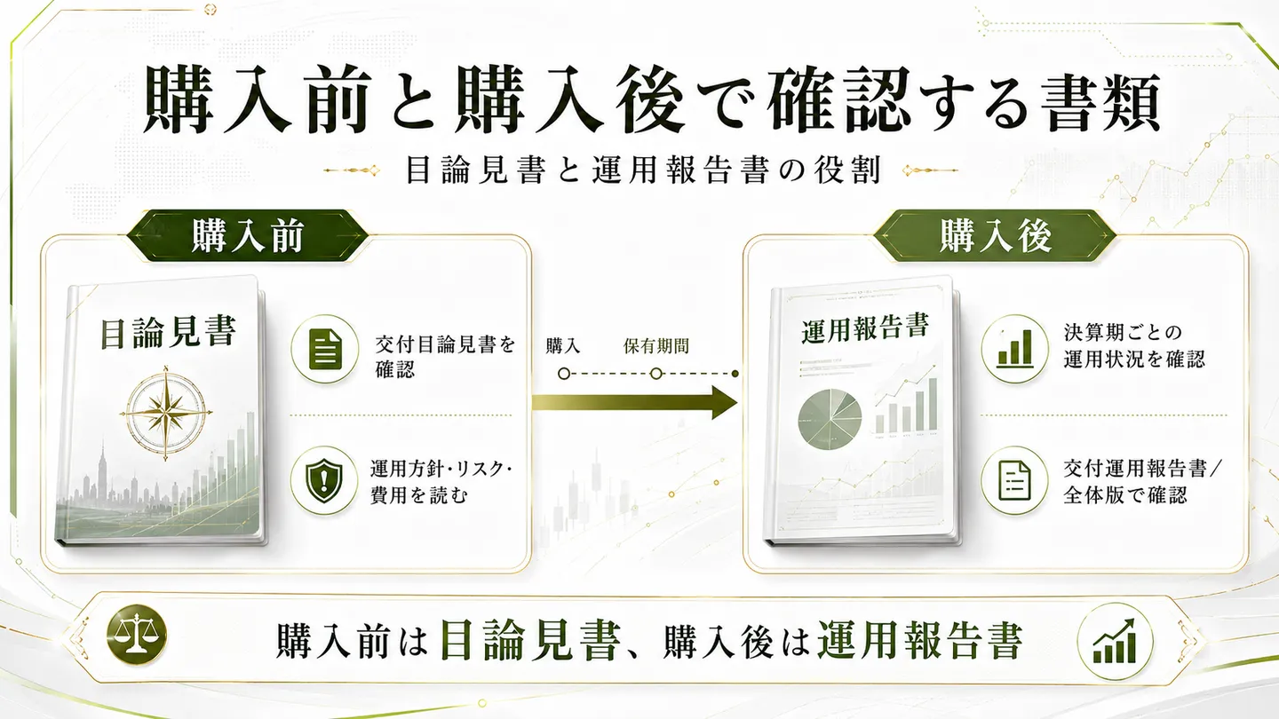 購入前と購入後で確認する書類の役割を示す図。購入前は目論見書で、交付目論見書を確認し運用方針・リスク・費用を読む。購入後は運用報告書で、決算期ごとの運用状況を確認し、交付運用報告書または全体版で確認する。購入前は目論見書、購入後は運用報告書と整理する