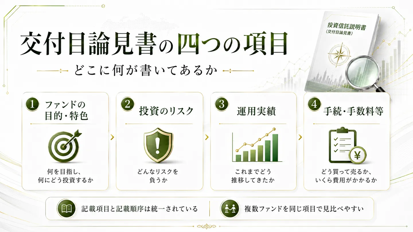 交付目論見書の四つの項目とどこに何が書いてあるかを示す図。①ファンドの目的・特色（何を目指し何にどう投資するか）、②投資のリスク（どんなリスクを負うか）、③運用実績（これまでどう推移してきたか）、④手続・手数料等（どう買って売るか、いくら費用がかかるか）を順に並べ、記載項目と記載順序は統一されており複数ファンドを同じ項目で見比べやすいと補足する