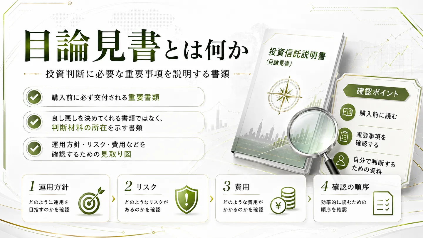 「目論見書とは何か」を概観する表紙図。投資判断に必要な重要事項を説明する書類であること、購入前に交付される重要書類であること、良し悪しを決めてくれる書類ではなく判断材料の所在を示す見取り図であることを挙げ、運用方針・リスク・費用・確認の順序という四つの確認観点を並べる