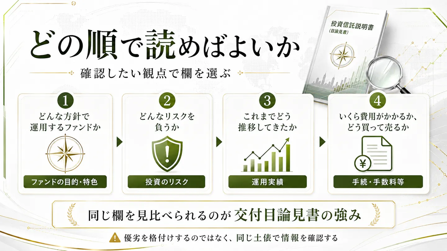 「どの順で読めばよいか（確認したい観点で欄を選ぶ）」を示す図。①どんな方針で運用するファンドか→ファンドの目的・特色、②どんなリスクを負うか→投資のリスク、③これまでどう推移してきたか→運用実績、④いくら費用がかかるか・どう買って売るか→手続・手数料等、と観点と欄を対応づける。同じ欄を見比べられるのが交付目論見書の強みで、優劣を格付けするのではなく同じ土俵で情報を確認すると添える