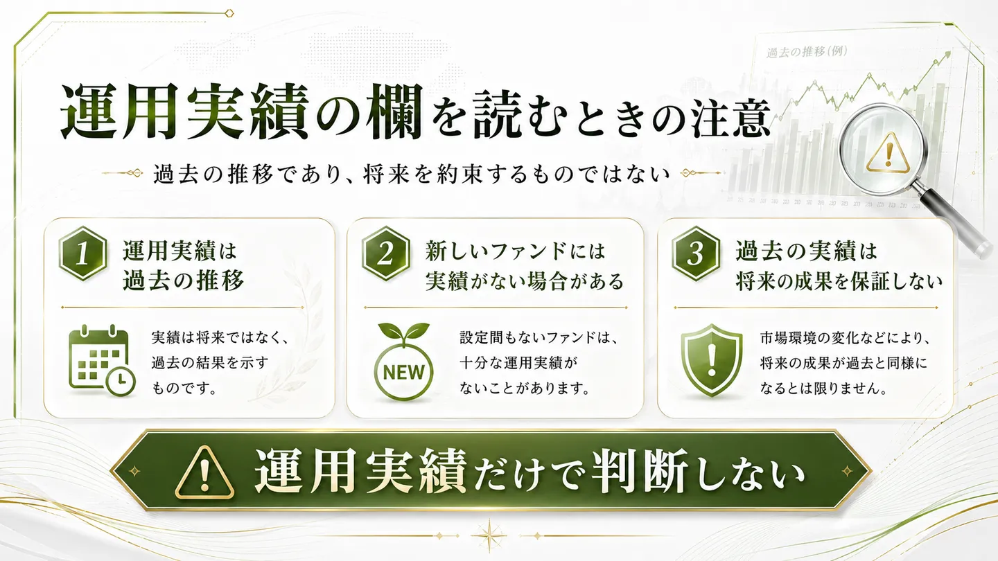 運用実績の欄を読むときの注意を示す図。①運用実績は過去の推移であり将来ではなく過去の結果を示す、②新しいファンドには実績がない場合があり設定間もないファンドは十分な運用実績がないことがある、③過去の実績は将来の成果を保証せず市場環境の変化などで将来の成果が過去と同様になるとは限らない、という三点を挙げる。グラフには「過去の推移（例）」と注記し、運用実績だけで判断しないと示す