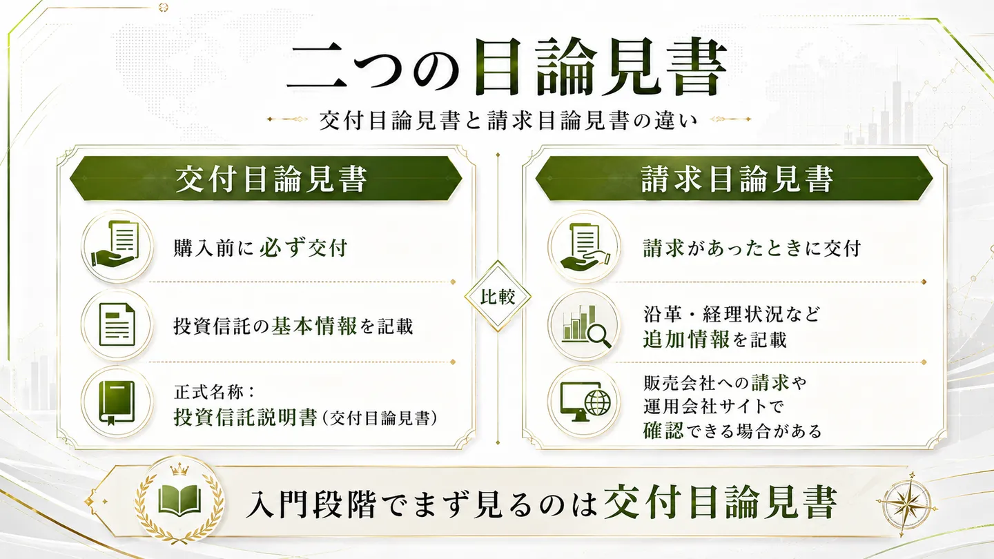 交付目論見書と請求目論見書の違いを左右で比較した図。交付目論見書は購入前に必ず交付され投資信託の基本情報を記載し、正式名称は投資信託説明書（交付目論見書）とする。請求目論見書は請求があったときに交付され沿革・経理状況など追加情報を記載し、販売会社への請求や運用会社サイトで確認できる場合があるとする。入門段階でまず見るのは交付目論見書と示す