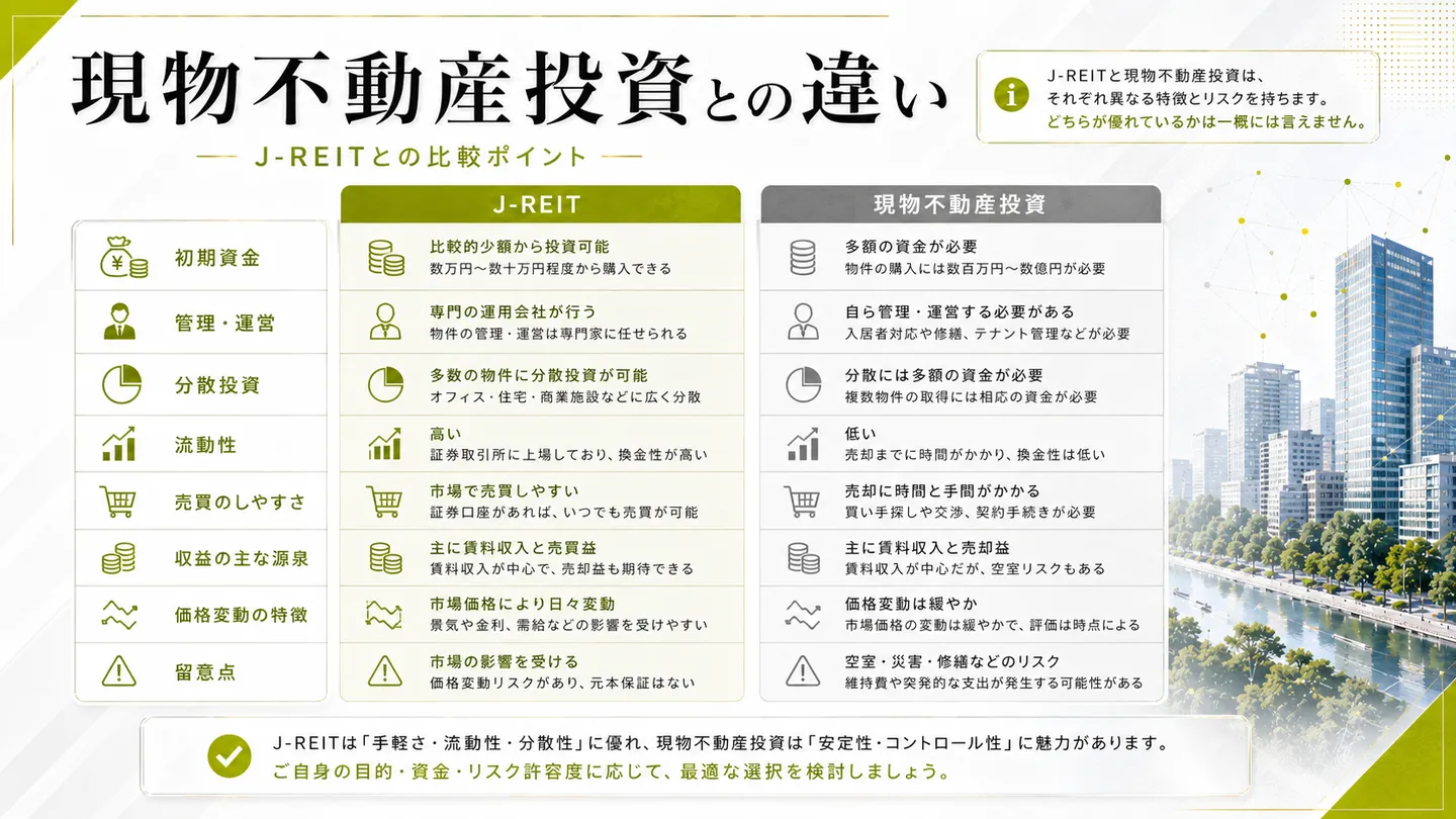 J-REITと現物の不動産投資を、初期資金・管理運営・分散投資・流動性・売買のしやすさ・収益の源泉・価格変動・留意点の観点で比較した表
