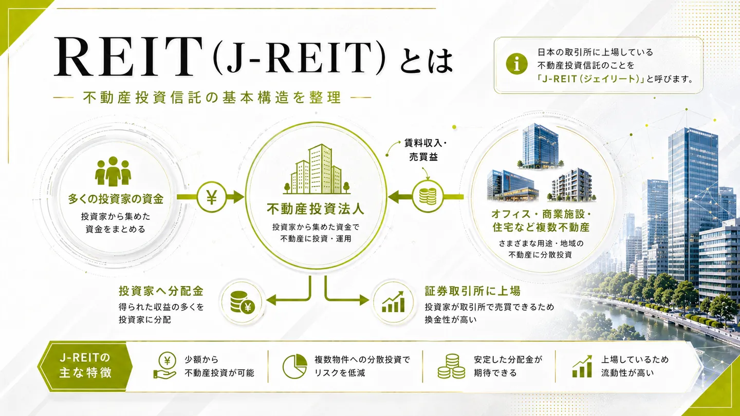 REIT（J-REIT）の基本構造（投資家の資金が不動産投資法人に集まり複数の不動産に投資して分配金が支払われる流れと、証券取引所への上場）を示した図