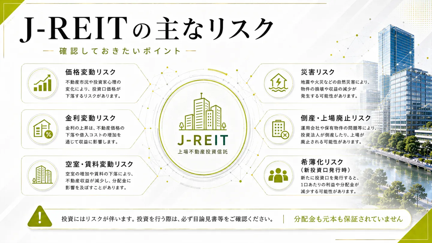J-REITの主なリスク（価格変動・金利変動・空室や賃料変動・災害・倒産や上場廃止・希薄化）と、分配金も元本も保証されない点を整理した図
